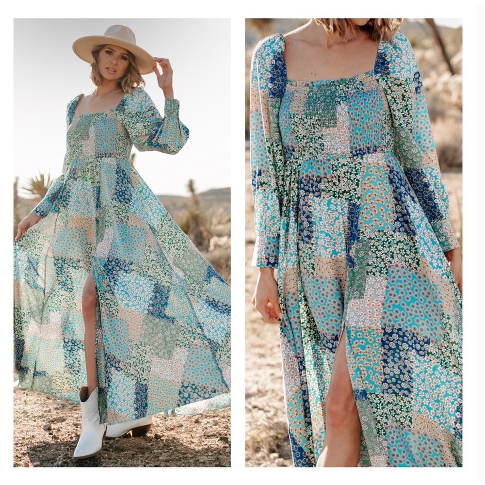 Unique Vintage Floral Boho Long Maxi Dress Patchwork Blue Combo Puff Sleeve